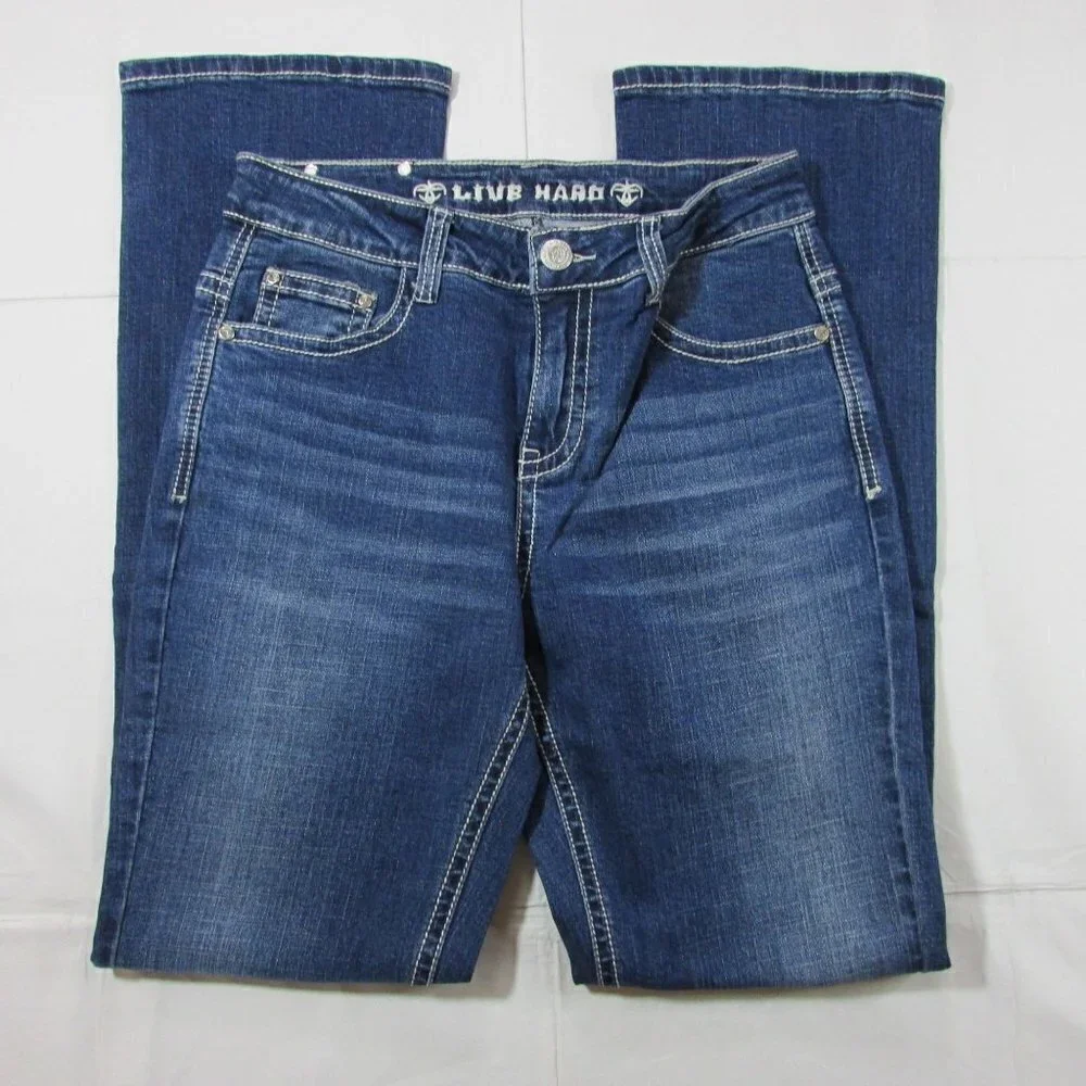 Live Hard Women's Embroidered V Design Pocket Jeans - Med Wash - LJ-F-2356